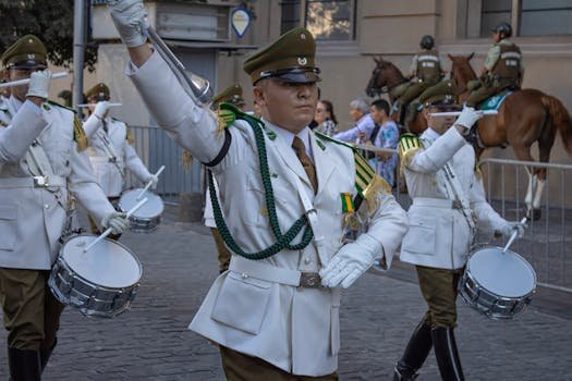 A ceremonial military parade featuring uniformed officers and drummers in Santiago, Chile.