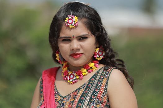 A colorful portrait of an Indian woman in traditional bridal attire and floral jewelry, capturing cultural beauty.