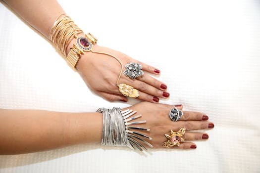 Elegant female hands adorned with stylish rings and bracelets on a white background.